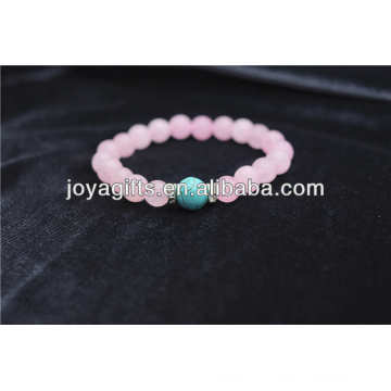 Natural 8MM Rose Quartz Stretch Bracelet With Turquoise 8MM Round Beads